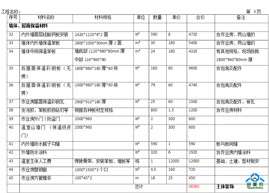 温室大棚报价清单